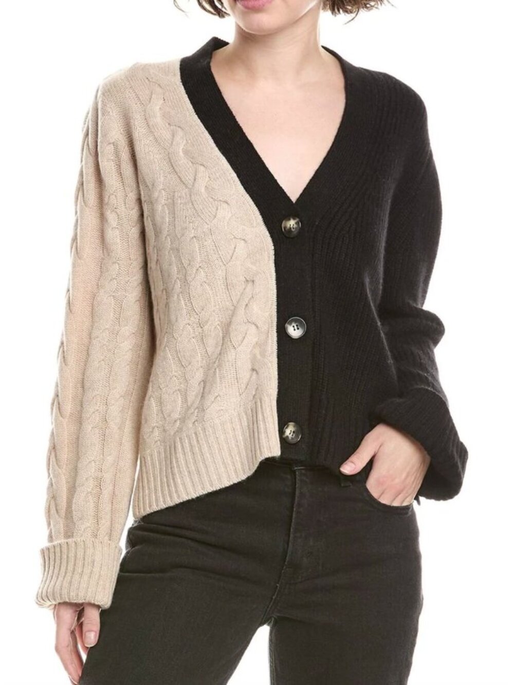 &ISLA Ivy Patchwork Cashmere Cardigan Black Fawn Size Medium